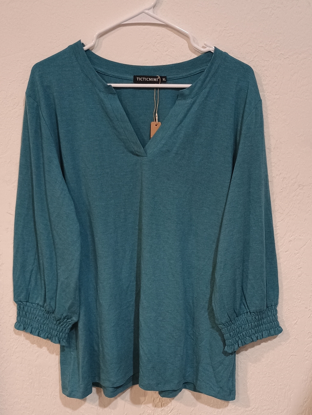 Teal V-Neck Long Sleeve Smocked Cuff Top